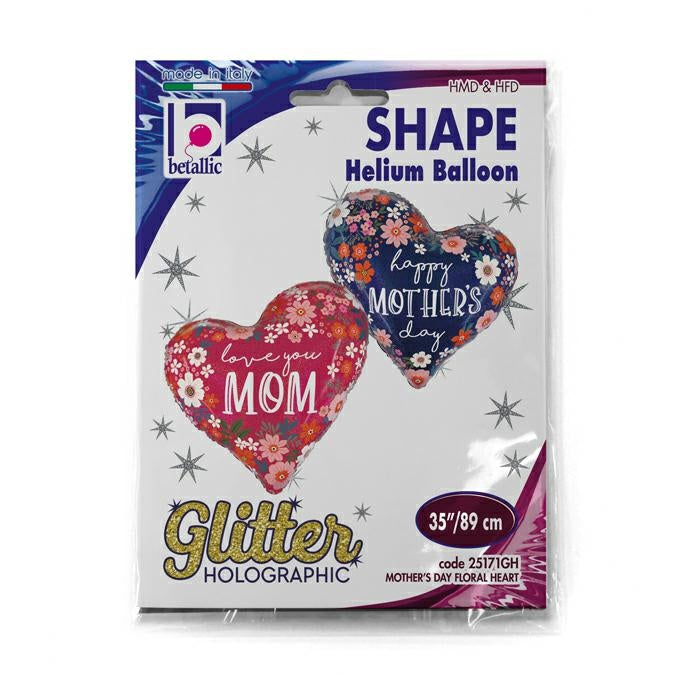 Mother's Day Floral Heart Holographic Balloon Shape - 35"/89cm Foil