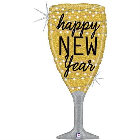 New Year Champagne Glass Glitter Holographic Balloon - Foil 37"