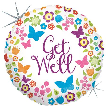 Get Well Butterflies & Flowers Balloon - 18" Foil Packaged