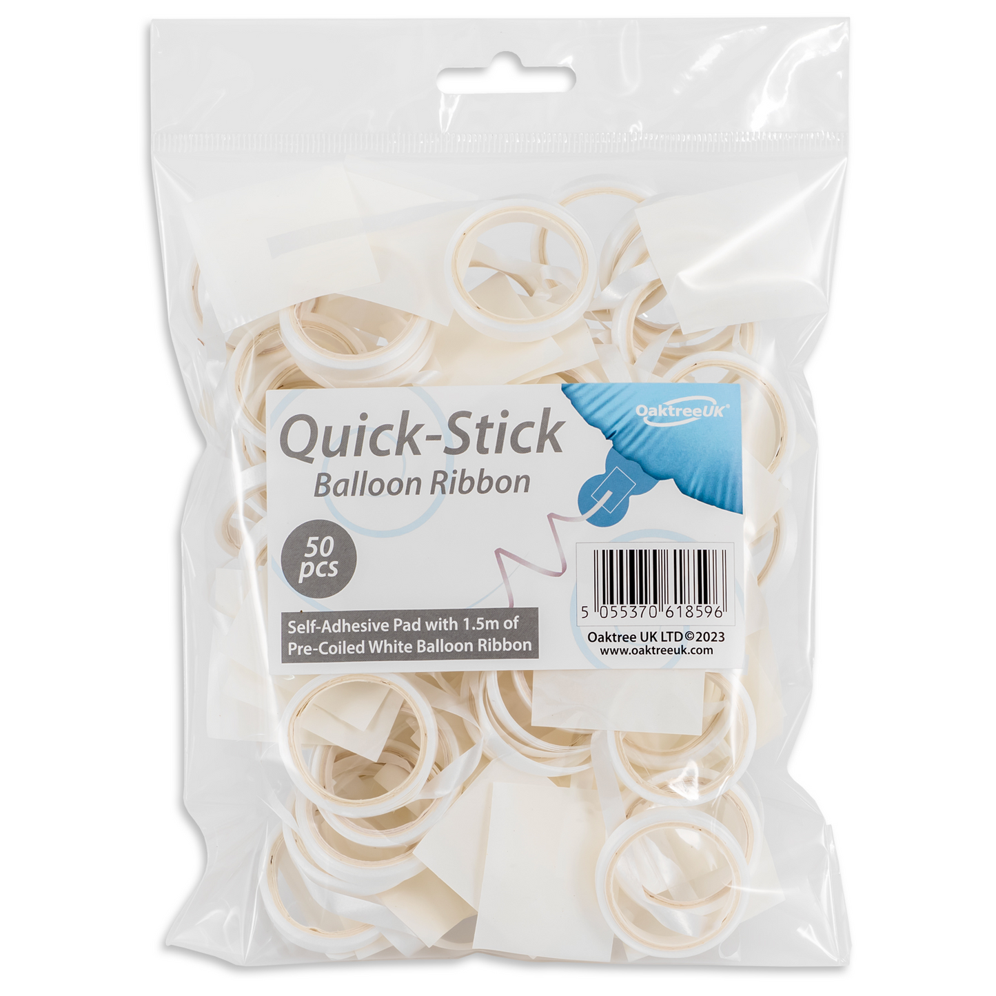 Quick-Stick Pre Coiled White Balloon Ribbon - 1.5m (50ct)
