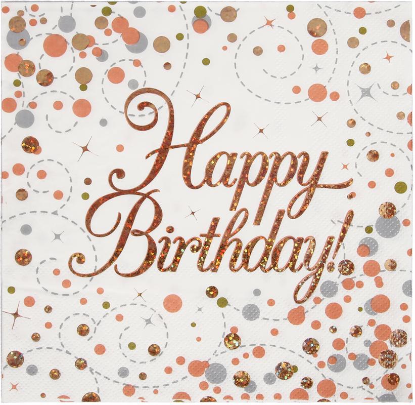 Happy Birthday Sparkling Fizz Rose Gold Paper Napkins 3PLY - (33cm X 33cm) (16ct)