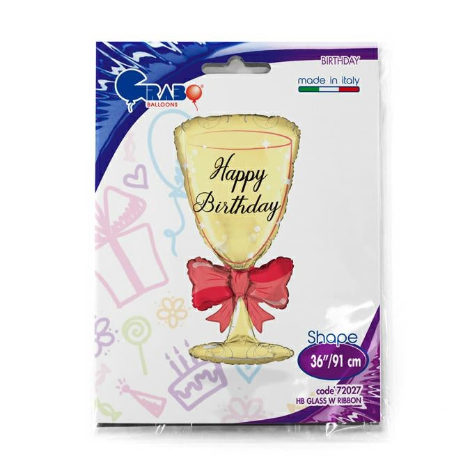Happy Birthday Glass With Ribbon SuperShape Balloon -36"/91cm Foil