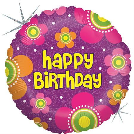 Birthday Flowers Holographic Balloon - 18" Foil Unpackaged