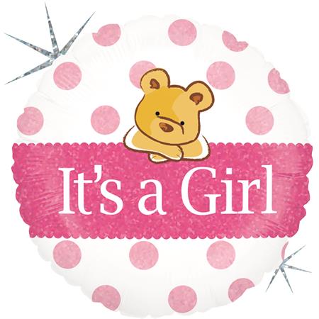 Baby Girl Bear Holographic Balloon - 18" Foil