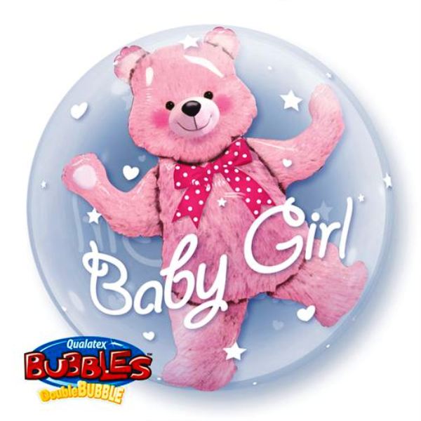 Baby Girl Pink Bear Double Bubble Balloon - 24" Bubble