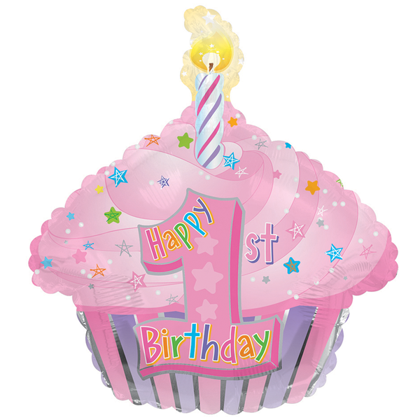Pink 1st Birthday Cupcake Shaped Balloon - 21" Foil