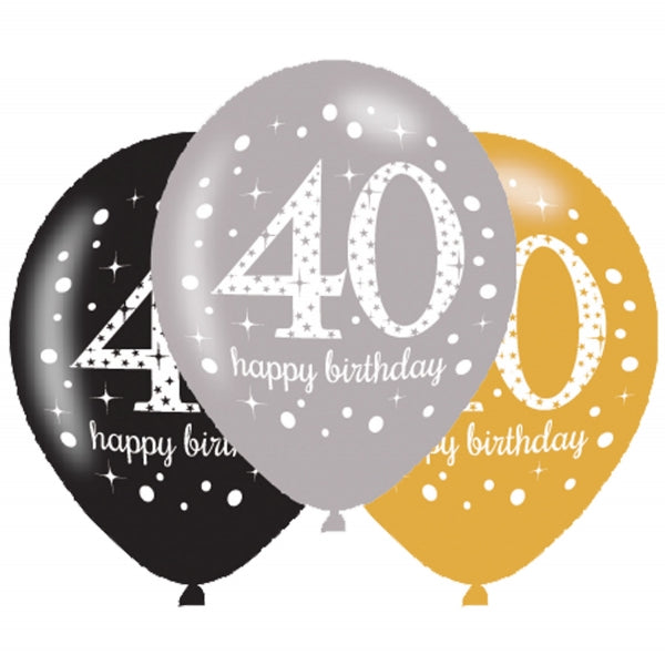 Age 40 Birthday Gold Sparkling Celebration Balloons - 11"/27cm Latex (6ct)