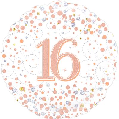White & Rose Gold Holographic 16th Sparkling Fizz Birthday Balloon - 18" Foil