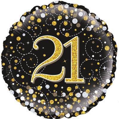 Black & Gold Holographic Sparkling Fizz 21st Birthday Balloon - 18" Foil