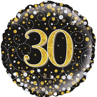 Black & Gold Holographic Sparkling Fizz 30th Birthday Balloon - 18" Foil
