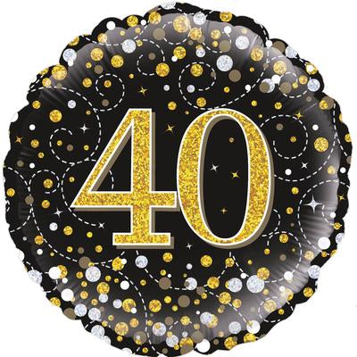 Black & Gold Holographic Sparkling Fizz 40th Birthday Balloon - 18" Foil