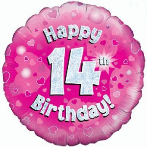 Pink Holographic Happy 14th Birthday Balloon - 18" Foil