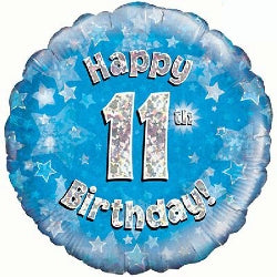 Blue Holographic Happy 11th Birthday Balloon - 18" Foil