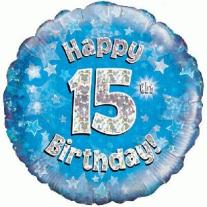 Blue Holographic Happy 15th Birthday Balloon - 18" Foil
