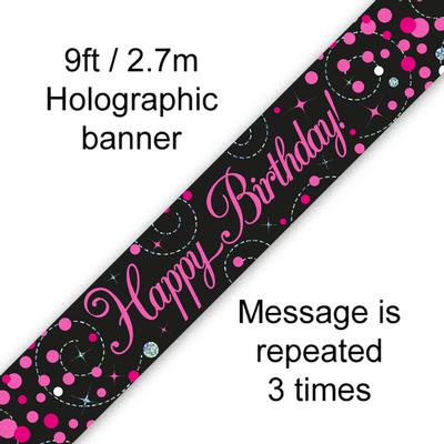 Black & Pink Holographic Sparkling Fizz Birthday Banner - 9ft (6ct)