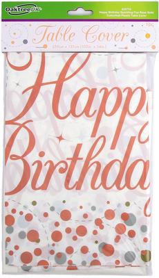 Happy Birthday Sparkling Fizz Rose Gold Colourfast Plastic Table Cover - (137cm X 2.6m) (1ct)