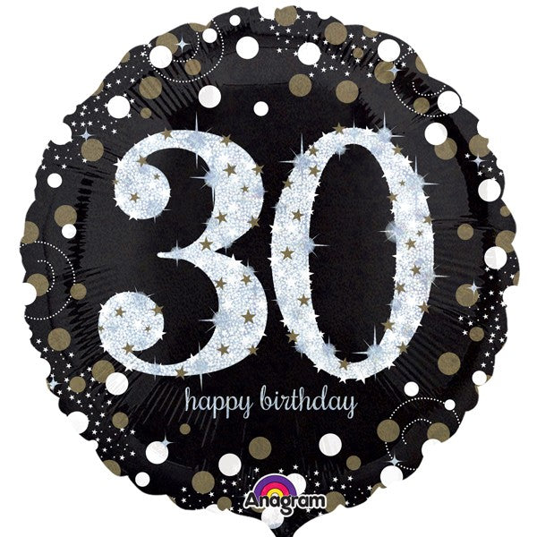 Age 30 Birthday Black and Gold Balloon - 18" Foil