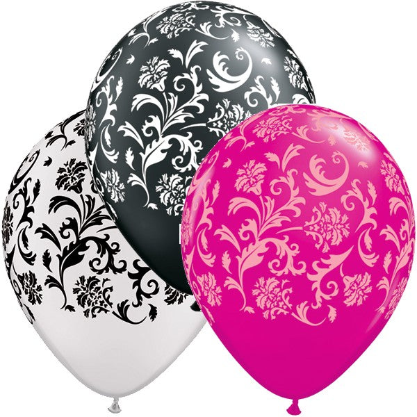 Wild Berry, Onyx Black & Pearl White Damask Print Balloons - 11" Latex (50ct)