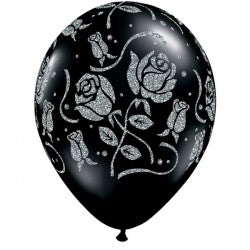 Onyx Black Glitter Roses-A-Rnd Balloons - 11" Latex (25ct)