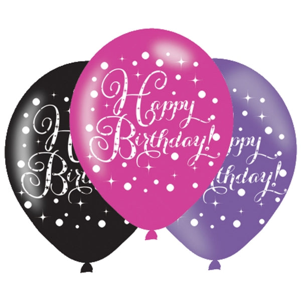 Happy Birthday Pink Black Purple Celebration Balloons - 11" Latex (6ct)