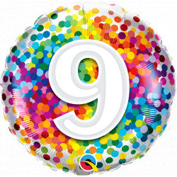 Rainbow Confetti Age 9 Birthday Balloon - 18" Foil