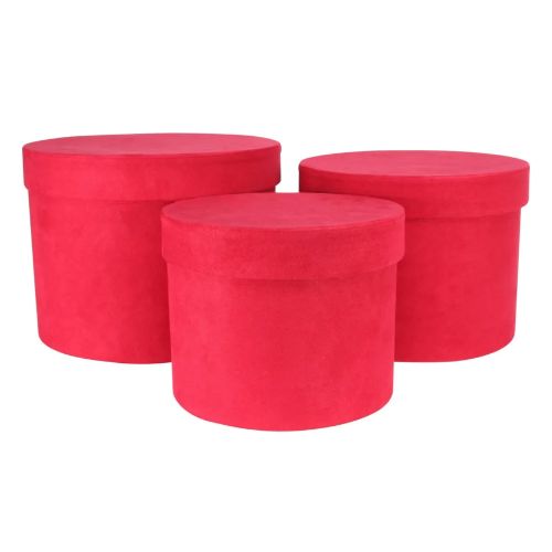 Round Red Suede Hat Box - (Set of 3)