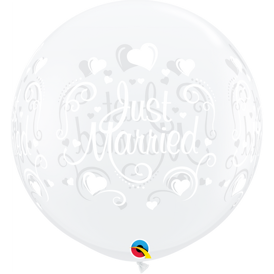 White Just Married Hearts Balloon - 36" Latex (2ct)