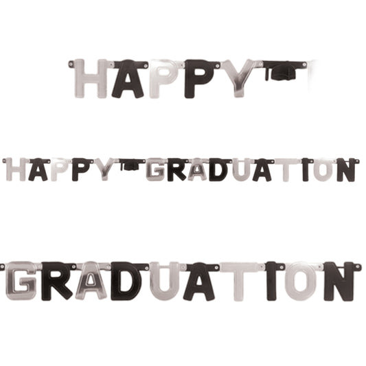 Black & Silver Happy Graduation Foil Letter Banners 2.52m x 20cm - 1(pc)