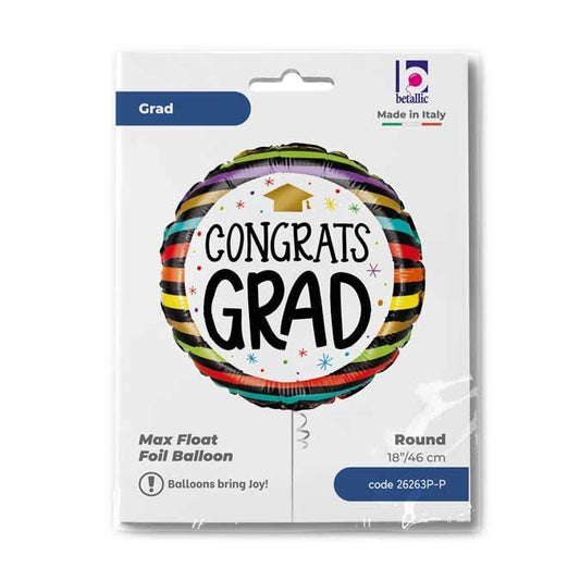 Congrats Grad Colorful Stripes Balloon - Foil 18"/45cm Packaged