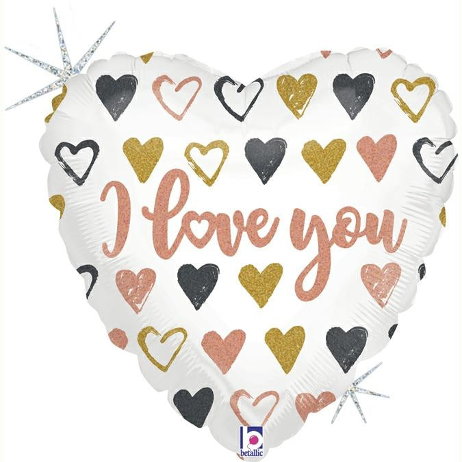 Rose gold Heart Love you Glitter Holographic Balloon - 18" Foil Unpackaged