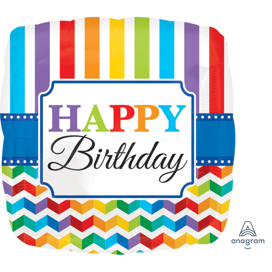 Happy Birthday Bright Stripe & Chevron Standard - 18" Foil