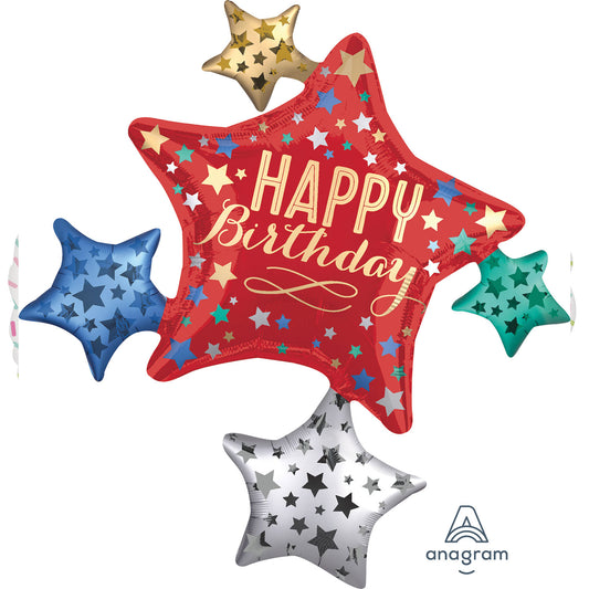 Happy Birthday To You Satin Star Cluster Shape Balloon - Foil 32"/81cm w x 35"/88cm