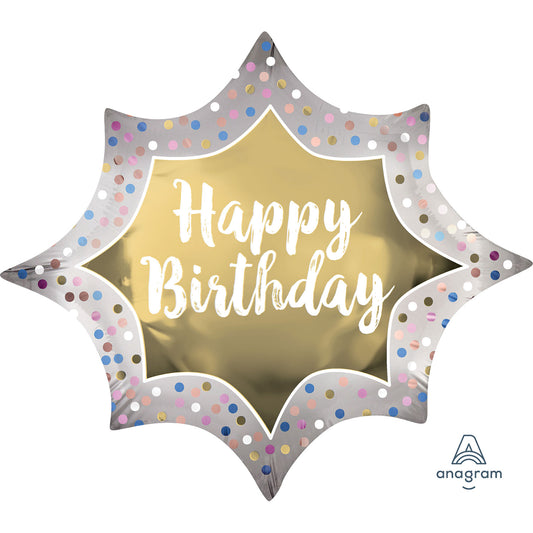 Happy Birthday Satin Gold Burst SuperShape Balloon - Foil 35"/88cm w x 29"/73cm