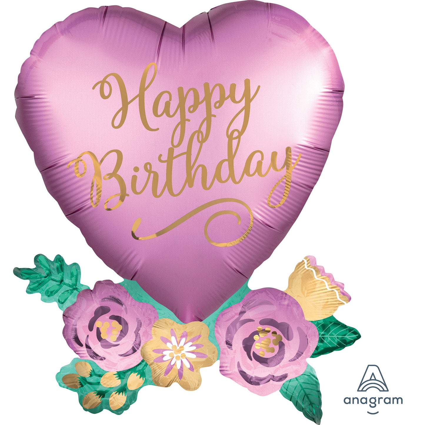 Happy Birthday Satin Heart with Flowers SuperShape - 23"/58cm w x 30"/76cm h Foil