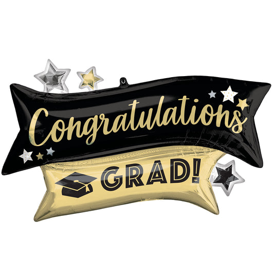 Congratulations Grad Gold & Black SuperShape Foil Balloons - 38"/96cm w x 23"/58cm