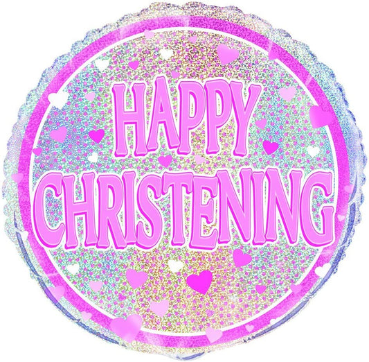 Pink Christening Holographic Round Balloon - 18" Foil