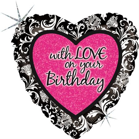 With Love On Your Birthday Damask Holographic Balloon - 18" Foil Unpackaged