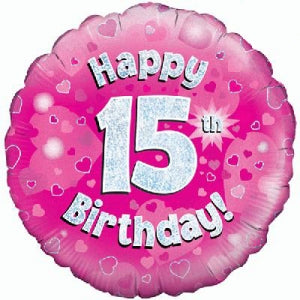Pink Holographic Happy 15th Birthday Balloon - 18" Foil