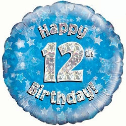 Blue Holographic Happy 12th Birthday Balloon - 18" Foil