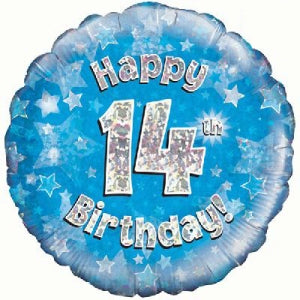 Blue Holographic Happy 14th Birthday Balloon - 18" Foil