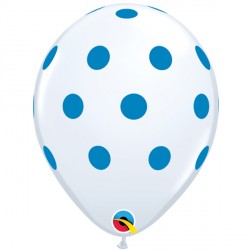 White W/ Blue Ink Big Polka Dots Balloons - 11" Latex (25ct)