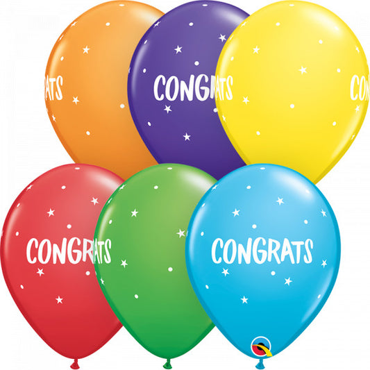 CONGRATS DOTS & STARS BRIGHT RAINBOW ASSORTED - 11" Latex (25ct)