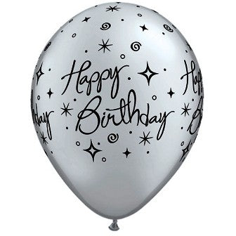 Silver With Black Ink Elegant Sparkles & Swirls Birthday Balloons - 11" Latex (25ct)