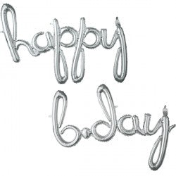 Silver Happy Bday Script Phrase Shape Balloon - Foil