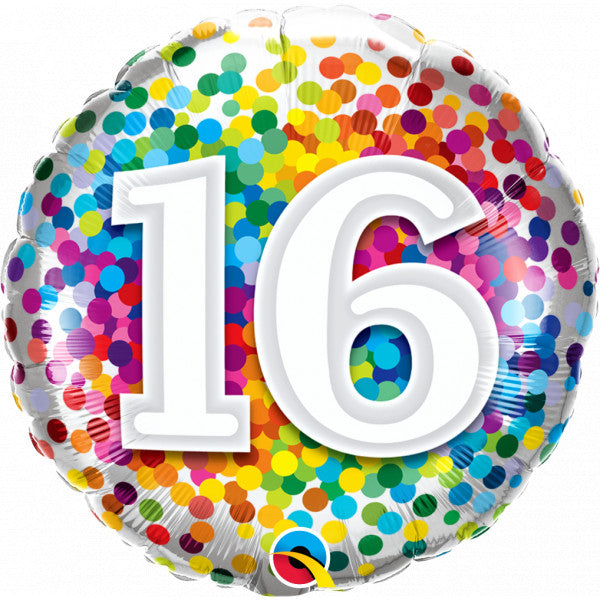 Rainbow Confetti Age 16 Birthday Balloon - 18" Foil