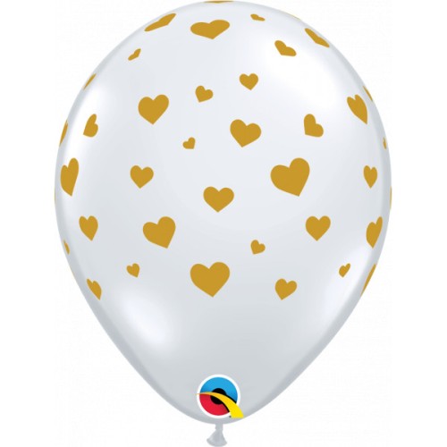 Diamond Clear w/ Gold Ink Random Hearts - 11" Latex (25ct)